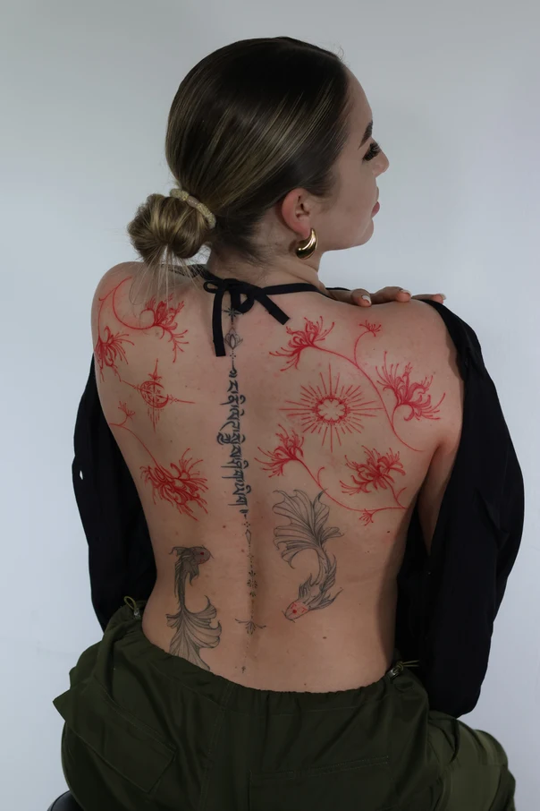 Linework Flowers, Fish tattoo on Full Back