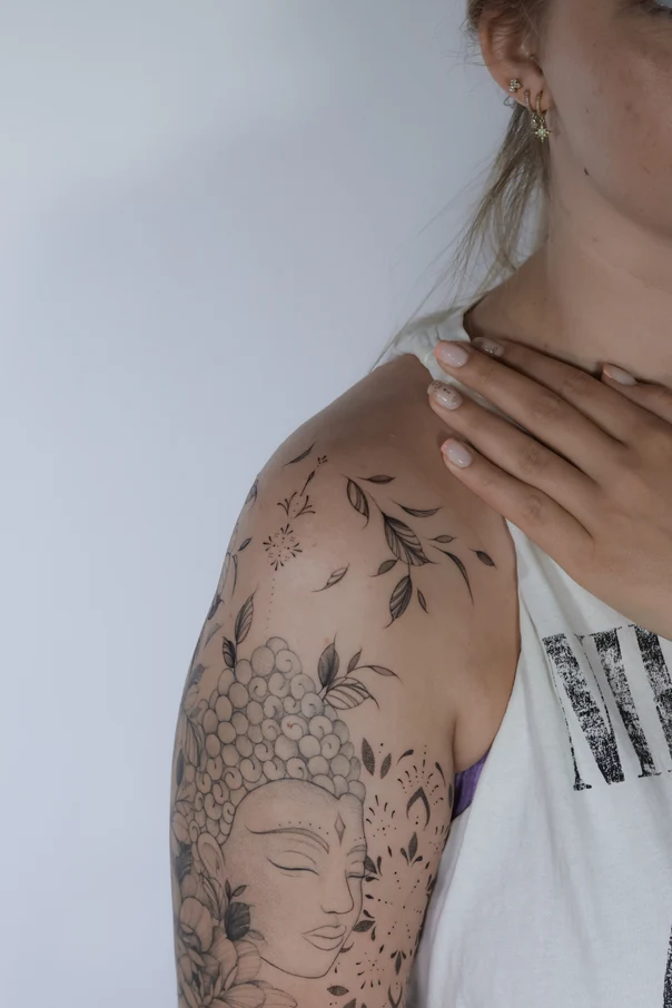 Linework Buddha, Leaves tattoo on Shoulder