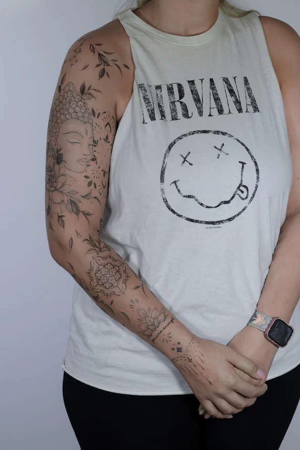 Fineline Buddha, Lotus tattoo on Full Sleeve