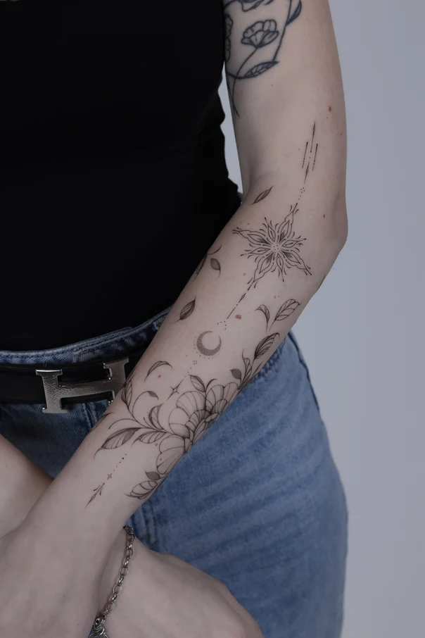 Fineline Flower, Leaves tattoo on Forearm