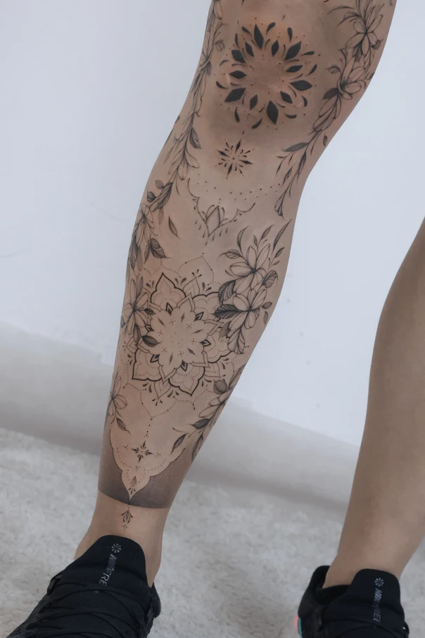 Ornamental Mandala, Flowers tattoo on Calf