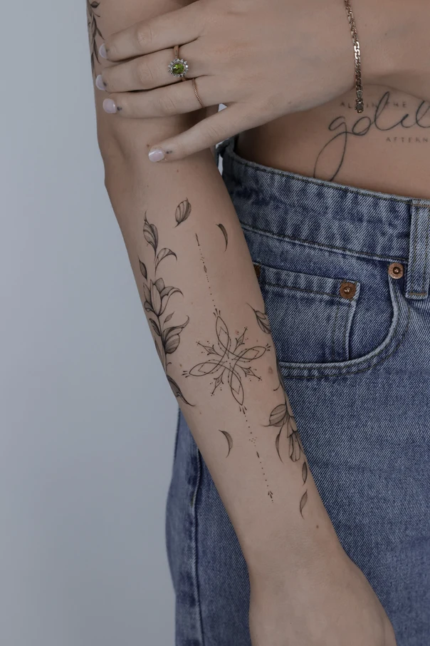 Fineline Floral, Geometric tattoo on Forearm