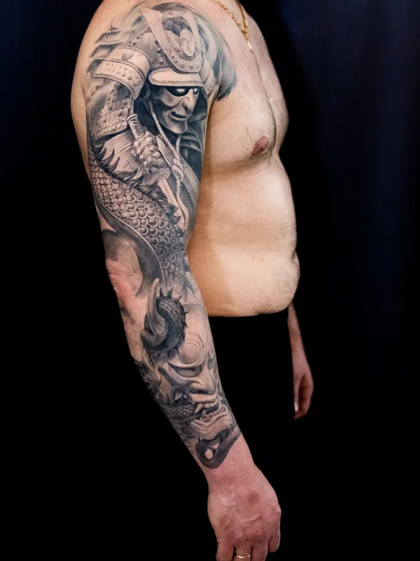 male black and grey japanese татуировка на full sleeve #81040 | Тату мастер Ринат Халиуллин Richie 