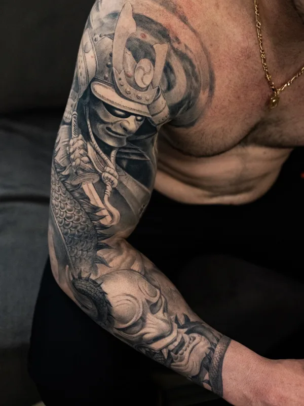 male black and grey japanese татуировка на full sleeve #81042 | Тату мастер Ринат Халиуллин Richie 