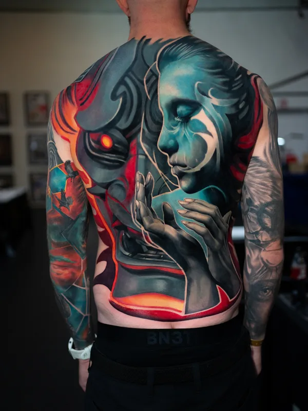 male color illustrative Tatuagem em full back #81077 | Tatuador Rich Harris