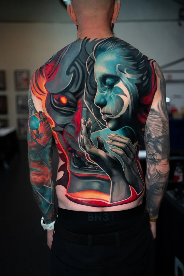 Illustrative Portrait, Abstract tattoo on Full Back