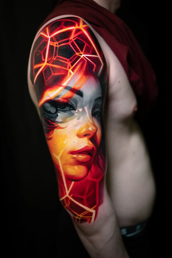 Realism Face, Geometric tattoo on Full Sleeve