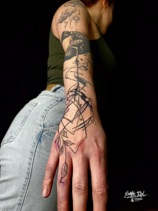 Abstract Geometric, Leaves tattoo on Hand
