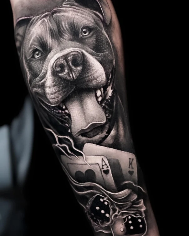 Realism Dog, Playing cards tattoo on Forearm