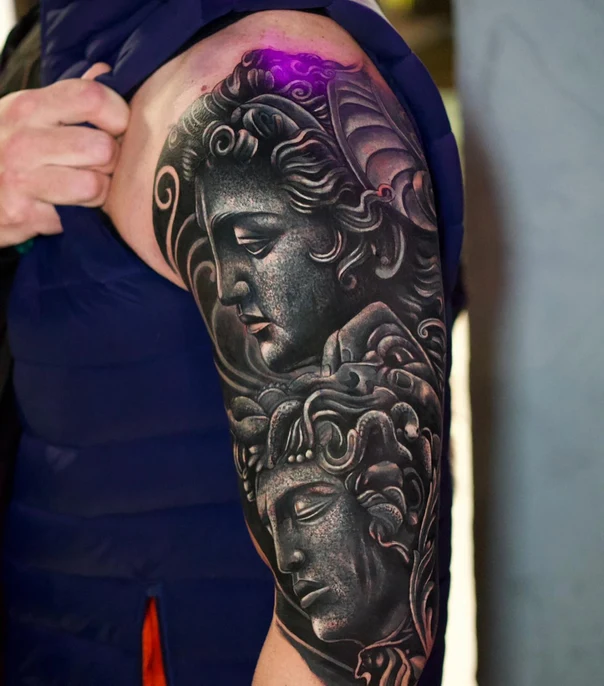 Realism Portrait, Greek statue tattoo on Full Sleeve
