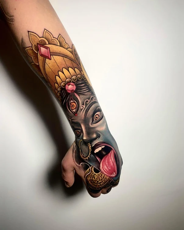 Illustrative Religious, Face tattoo on Forearm