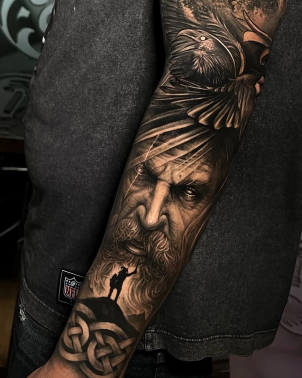 Realism Portrait, Raven tattoo on Full Sleeve