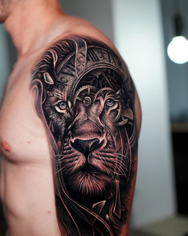 Realism Lion, Clock tattoo on Shoulder