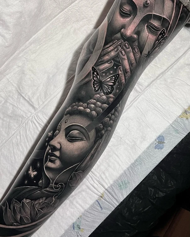 Realism Buddha, Butterfly tattoo on Full Sleeve