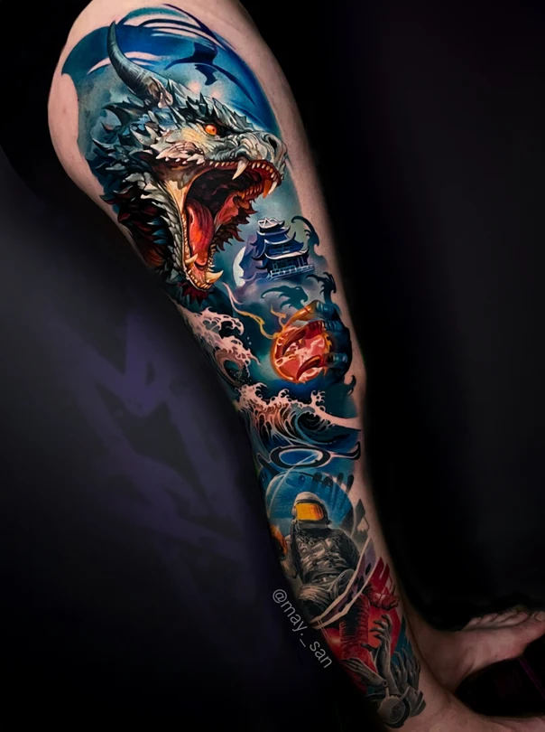 Японская Dragon, Waves tattoo на Полный рукав
