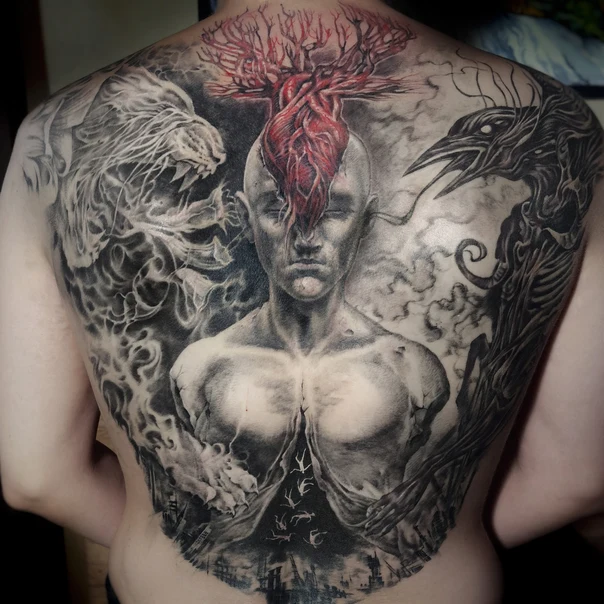 Реализм Lion, Raven tattoo на Спина (полная)