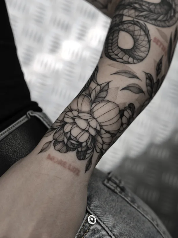 black and grey blackwork tattoo on forearm #81357 | Tattoo Artist Кристина Crystalik