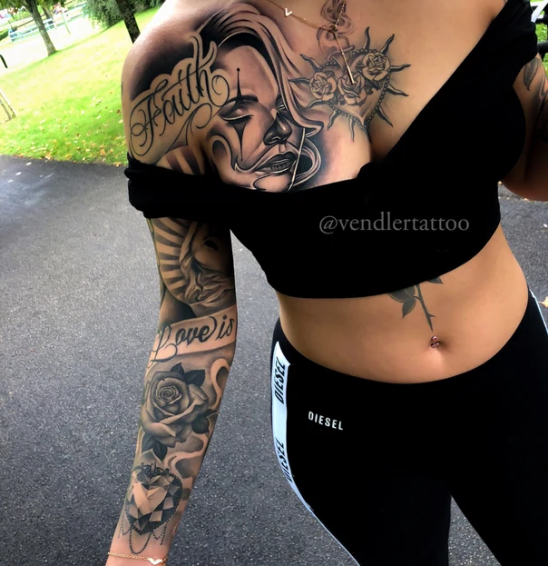Black & Grey Clown, Roses tattoo on Chest