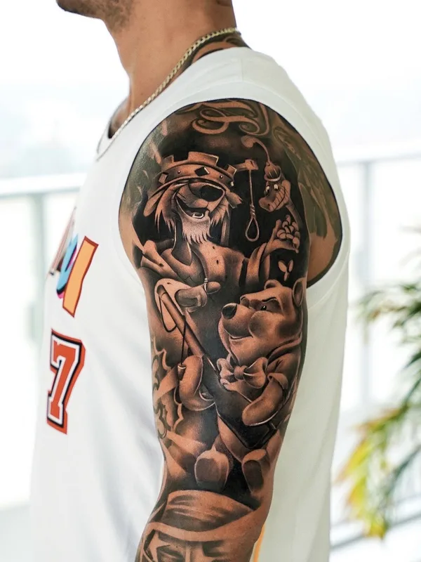 male black and grey illustrative Tatuaggio su full sleeve #81392 | Tatuatore Vendler Tattoo