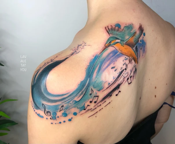 Watercolor Bird, Music notes tattoo on Shoulder