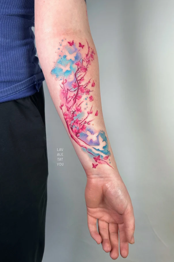 Watercolor Cherry blossom, Butterfly tattoo on Forearm