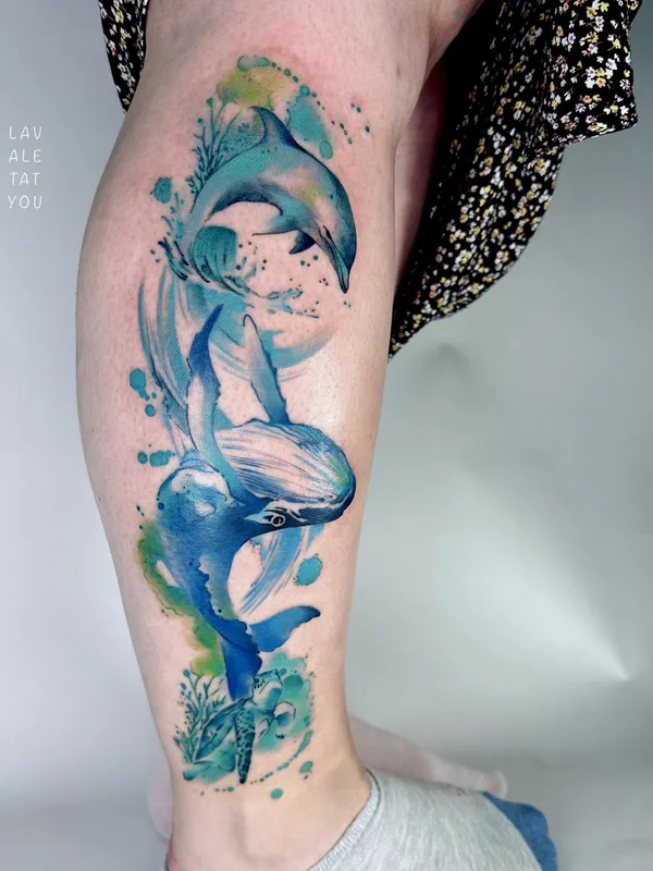 female color watercolor tatuaje en calf #81441 | Tatuador LaVale TatYou