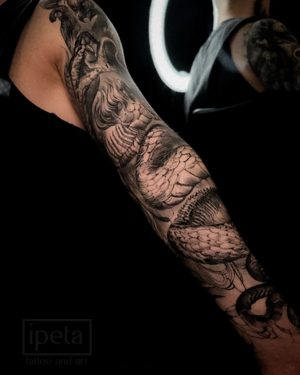 Реализм Dragon, Wings tattoo на Полный рукав