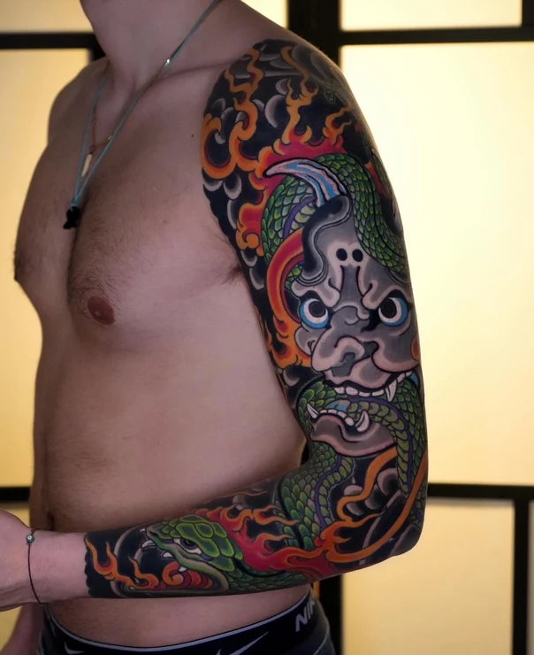 Japanese Demon, Snake tattoo on Full Sleeve