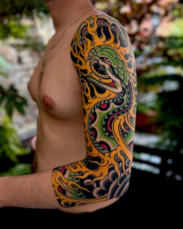 Neo Traditional Snake, Fire tattoo on Full Sleeve