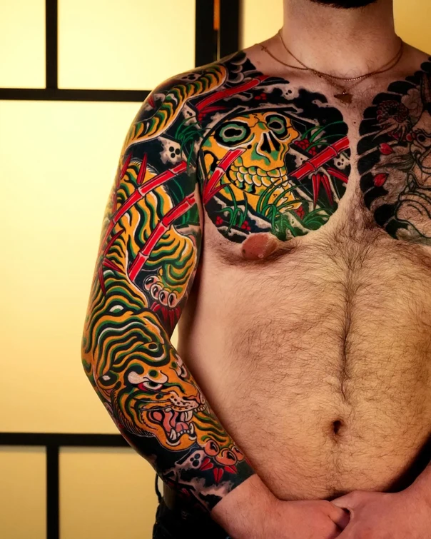 Japanese Tiger, Skull tattoo on Full Sleeve