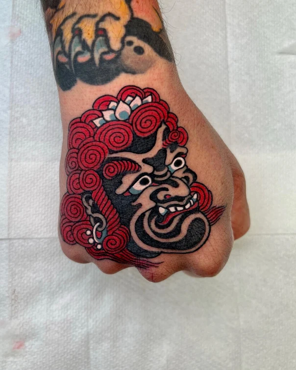 Neo-traditional Demon, Mask tattoo on Back of Hand