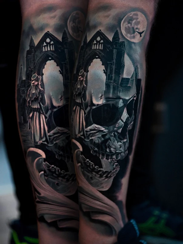 Realism Skull, Gothic architecture tattoo on Calf