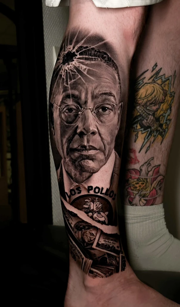 Realism Portrait, Money tattoo on Calf