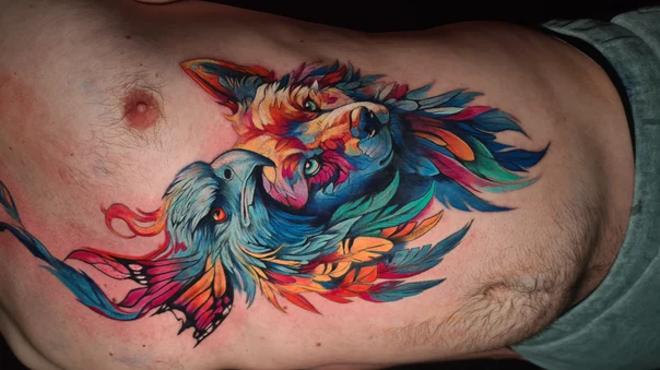 Watercolor Wolf, Bird tattoo on Chest