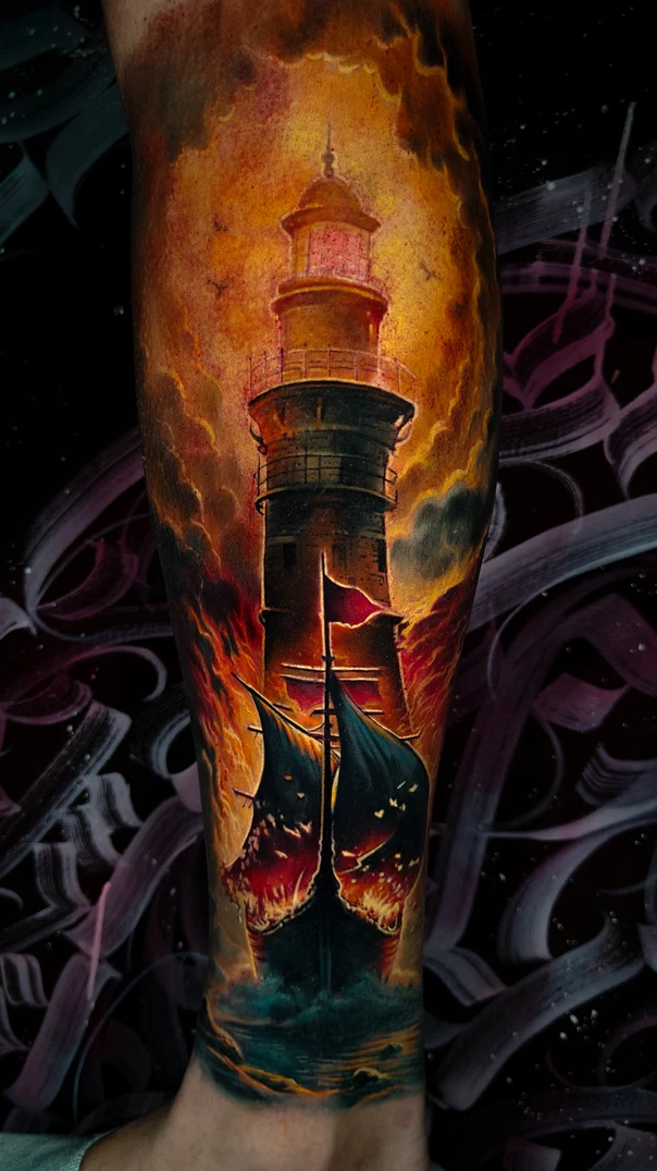 Реализм Lighthouse, Ship tattoo на Икра
