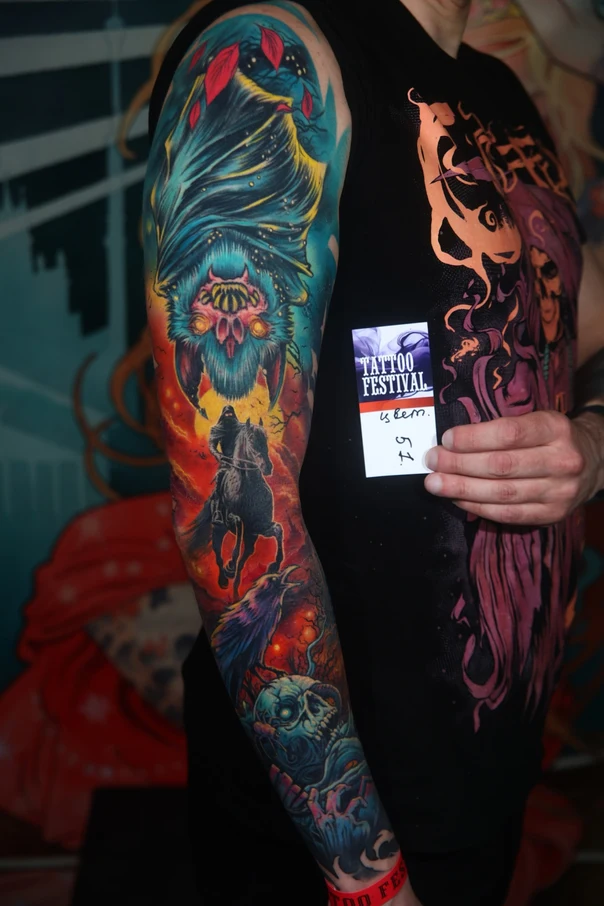 Illustrative Bat, Grim reaper tattoo on Full Sleeve
