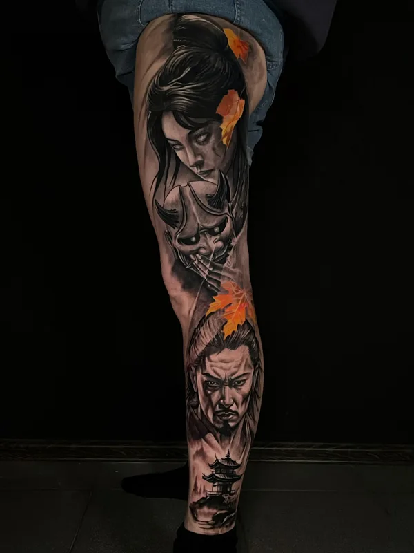 female black and grey realism tatouage sur leg #81566 | Artiste tatoueur Владимир Соловьев