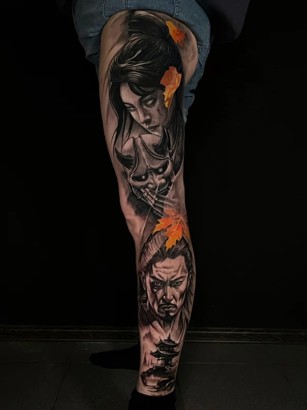 Японская Geisha, Oni mask tattoo на Full leg