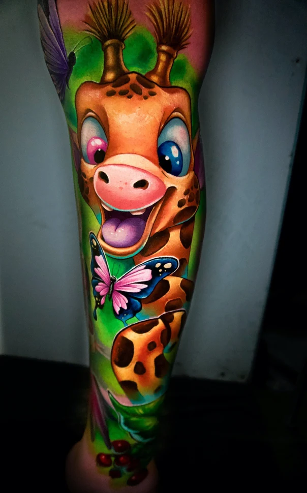 Cartoon Giraffe, Butterfly tattoo on Calf