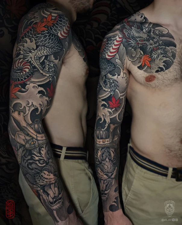 Японская Dragon, Tiger tattoo на Полный рукав