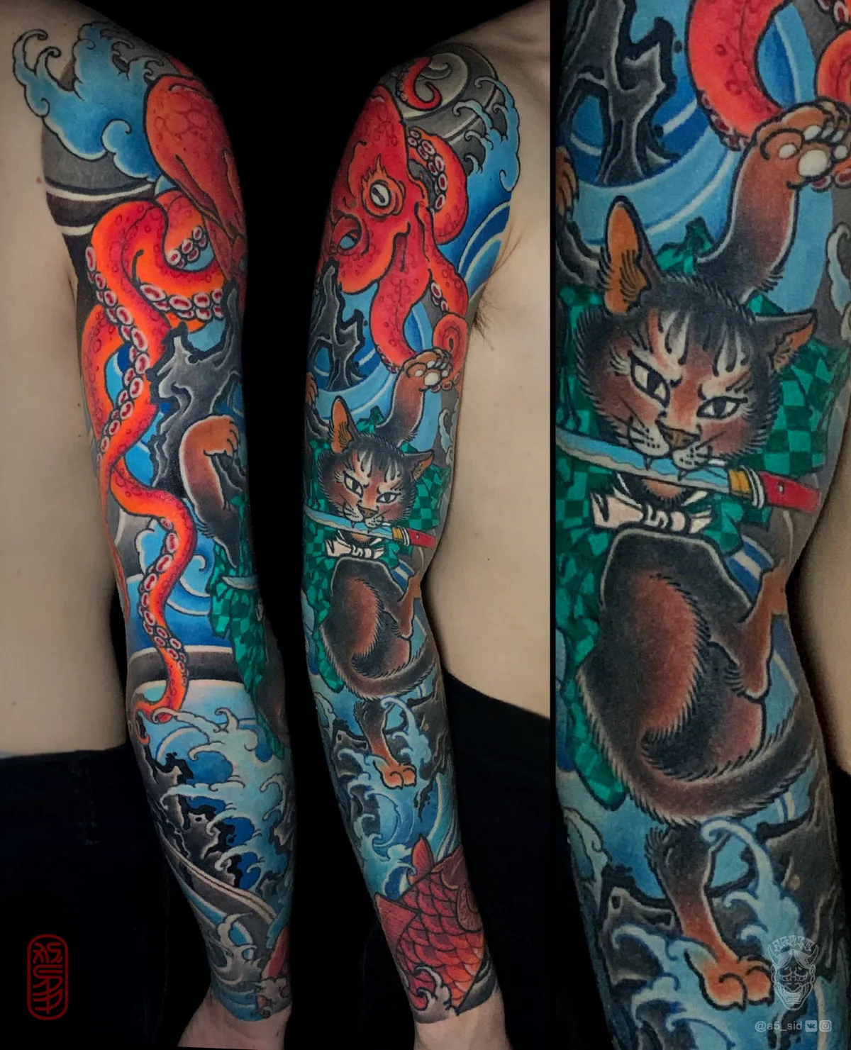 A vibrant full sleeve tattoo combining a cat wielding a sword, an octopus, and traditional Japanese wave patterns in bold colour.