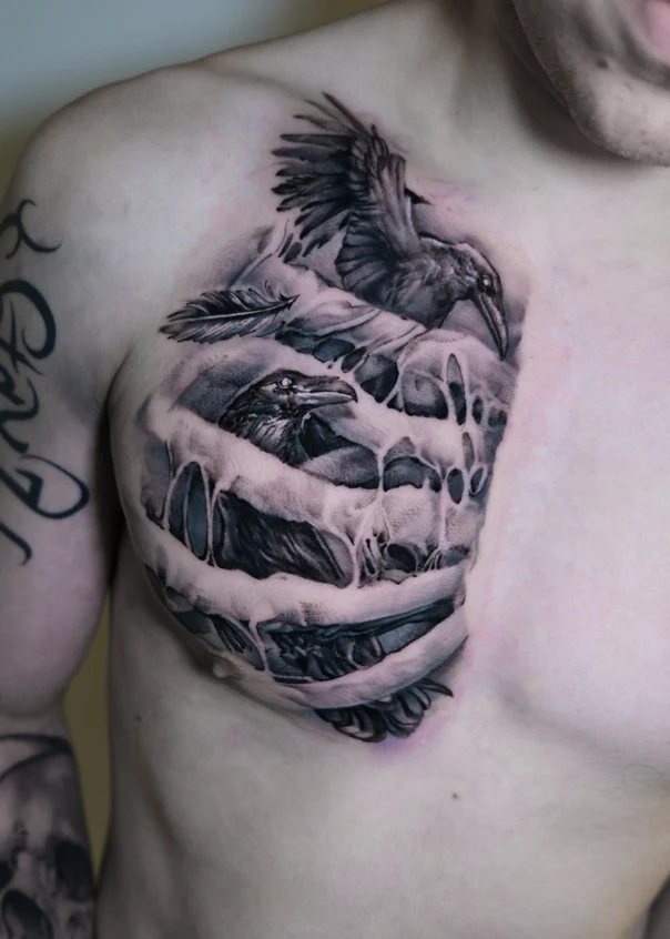 Realism Raven, Skull tattoo on Chest