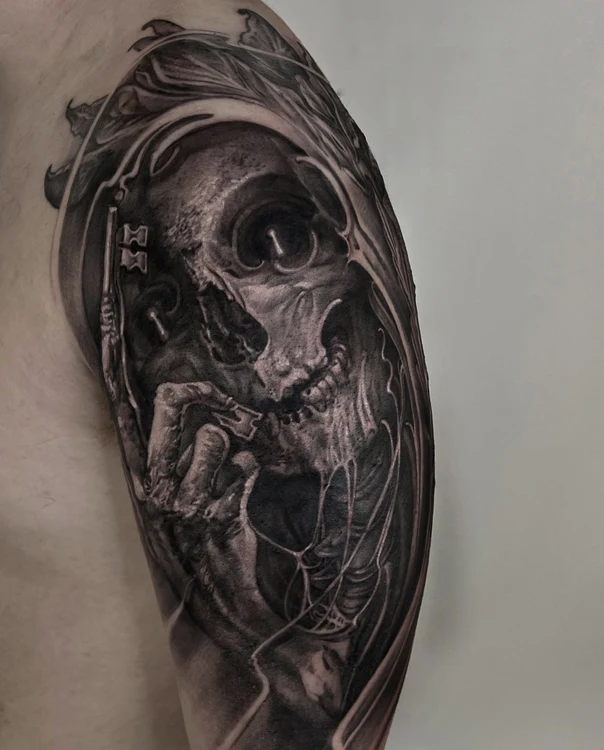 Realism Skull, Key tattoo on Upper Arm