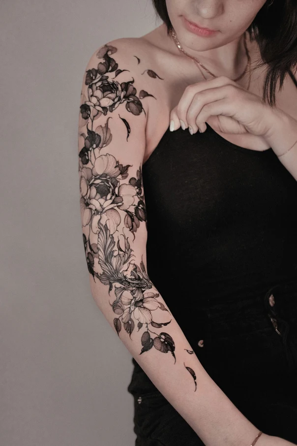 Illustrative Flowers, Leaves tattoo on Full Sleeve
