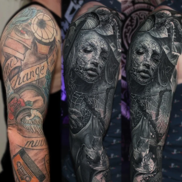 Реализм Portrait, Spiderweb tattoo на Полный рукав