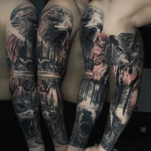 Реализм Eagle, Owl tattoo на Полный рукав