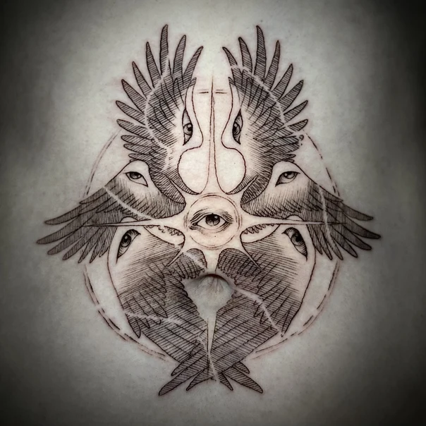 Engraving Eye, Wings tattoo on Back