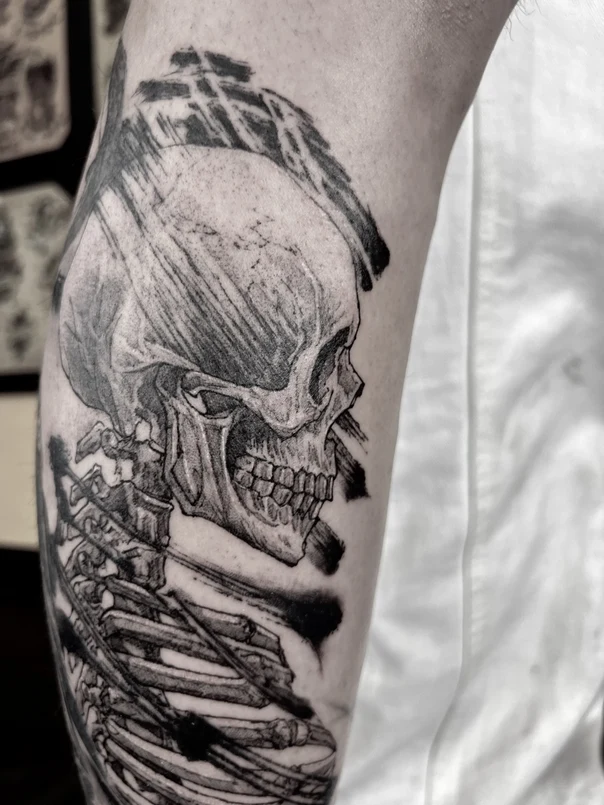 Black & Grey Skull, Skeleton tattoo on Forearm