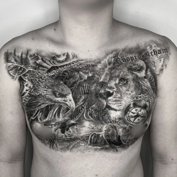 Realism Lion, Eagle tattoo on Chest