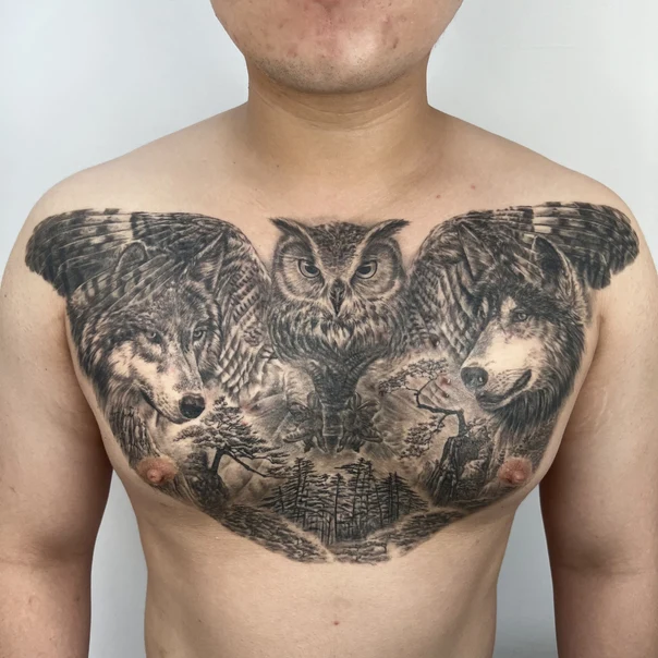 Realism Wolf, Owl tattoo on Chest